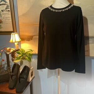 Preston & York Elegant Black Long Sleeve Top with Jewel Neckline